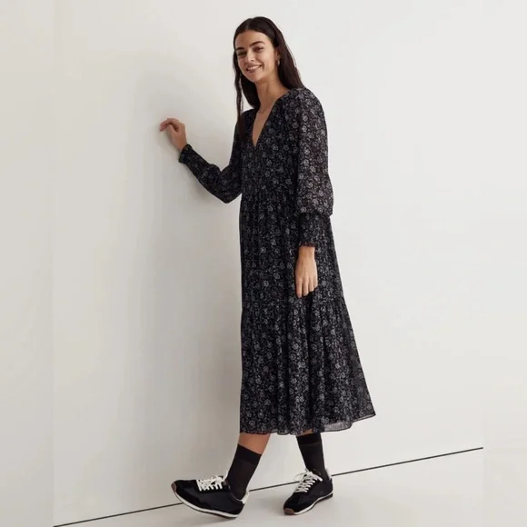 Madewell Enchanted Floral Long Sleeve Georgette V-Neck Tiered Midi Dress - Picture 7 of 7
